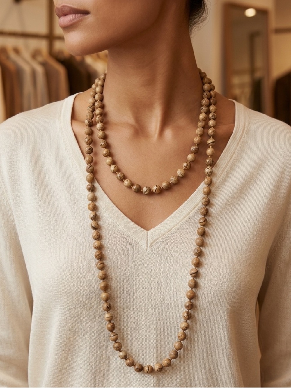 Vintage Extra Long Jasper Semiprecious Necklace